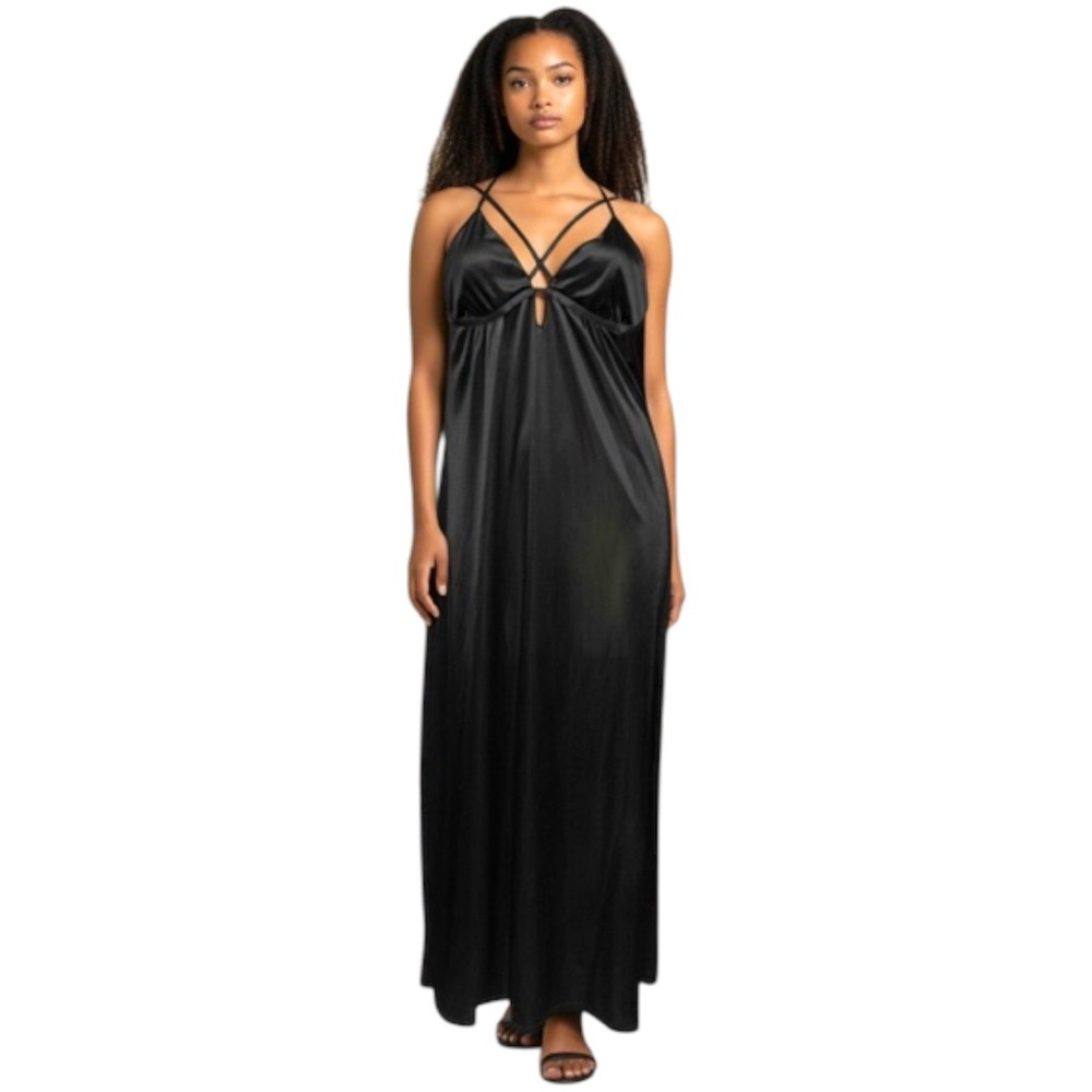 Vintage Black Strappy Nightgown Maxi Dress Open Back Sz M/L Glam Gothic Witch